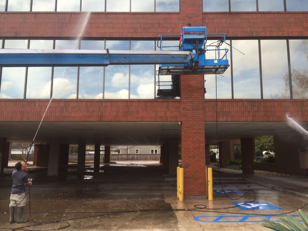 Pressure Washing and Window Cleaning Keeping your windows, storefront, concrete sidewalk, and the rest of your building exterior clean presents a professional image to your clients making them more likely to trust the products and services your company provides. Our Pressure Washing and Window Cleaning Service is the solution to that need and we provide Louisiana business owners a way to achieve and keep that clean image without the hassle. Our Services Include: Commercial Pressure Cleaning - Building washing, parking lot cleaning, graffiti removal, and more Commercial Window Cleaning - Window washing, interior, and exterior window cleaning Oilfield Cleaning Services - Keep excess oil, grit, and grime clear of your equipment Unlike national commercial property maintenance companies, we don't use subcontractors – further ensuring that we keep our quality standards the highest in the region. We also service Texas, Mississippi, and Arkansas for routine servicing. If you are interested in our services but you are outside our service area, please give us a call and we can find an option that will work for you.